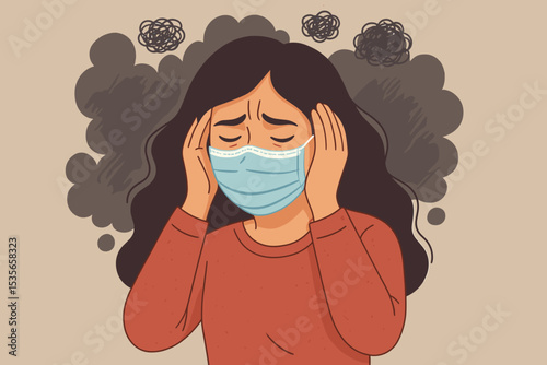 Mental health concept. Anxious woman in a face mask with confused thoughts, stress, and depression. Person suffering from a panic attack, headache, and burnout. Psychology illustration.