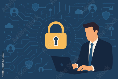 Cybersecurity concept with businessman using laptop for digital data protection. Internet security and information privacy technology. Network safety with padlock and shield icon.