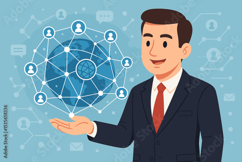 Businessman presenting global network connections. Concept for worldwide business, customer relations, CRM, and social media. Man showing a network of people icons around the Earth globe.