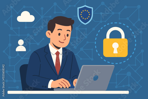 GDPR concept with businessman on laptop. Data protection and internet privacy compliance. Cybersecurity in the European Union with EU shield, padlock, cloud and user icon.