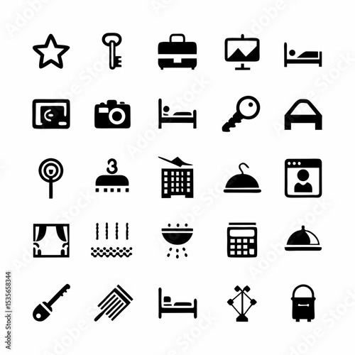 Create a comprehensive icon pack depicting various hotel and accommodation types, including hotels, motels, resorts, hostels, and bed and breakfasts.  Focus on clean, modern design.
