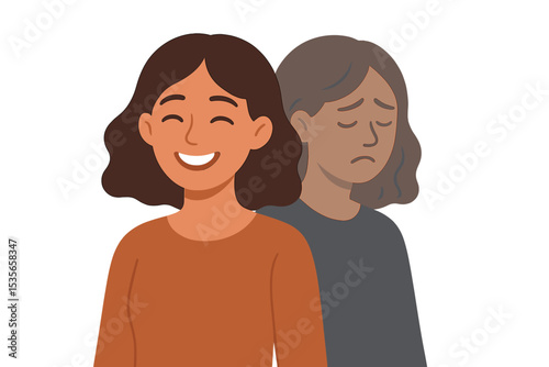 Bipolar disorder concept. Woman with happy and sad emotions. Metaphor for mental health, mood swings, dual personality. Psychology illustration of a split mind, depression and joy.