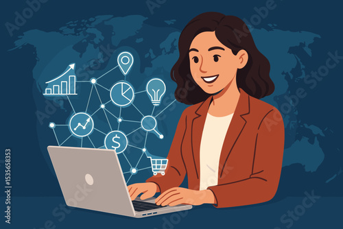 Businesswoman working on laptop with glowing network of digital icons. Global business, data analysis, financial growth, e-commerce, and technology innovation concept vector.
