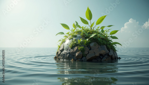 Sprouting Green Leaves Emerging From Partially Submerged Earth Globe in Water	
