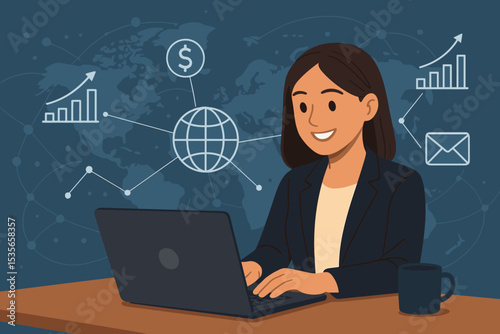 Businesswoman works on laptop, global business network background. Concept of digital technology, finance, marketing, communication. Successful woman analyzes data for company growth.