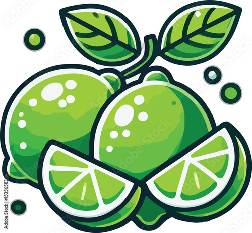 Cartoon illustration of fresh limes with slices and green leaves on a white background