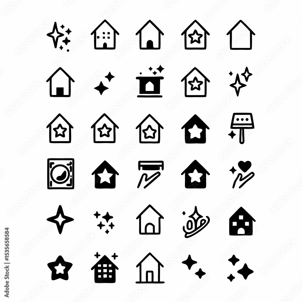 Obraz premium Design a vibrant icon set depicting various house cleaning tools broom, mop, vacuum, sponge, bucket, gloves, etc. Icons should be clean, modern, and easily recognizable.