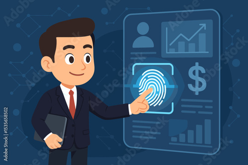 Businessman using fingerprint scanner for biometric security and financial data access on a futuristic digital dashboard. Technology and business innovation concept for authentication.