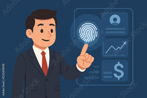 Biometric security innovation with businessman using fingerprint scanner. Digital identity authentication for secure data access, financial transactions, and business growth concept.