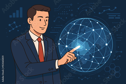 Businessman touching digital globe with glowing network. Global business technology concept. Worldwide connection, data analysis, communication innovation, futuristic interface.