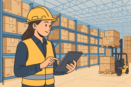 Warehouse worker woman using tablet for inventory management. Smart factory logistics and supply chain concept. Female supervisor with hard hat in storage with forklift and boxes.
