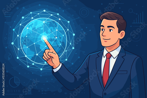 Businessman touching global network on virtual screen. Digital technology concept with world map. Fintech, data connection, and international business illustration. Future innovation.