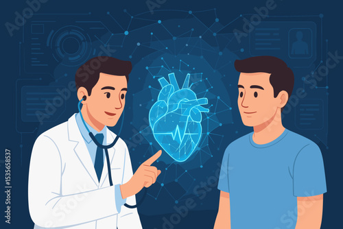 Doctor consulting patient using virtual reality for heart diagnosis. Cardiologist showing AR hologram of a heart with ECG. Futuristic healthcare, telemedicine, and medical technology.