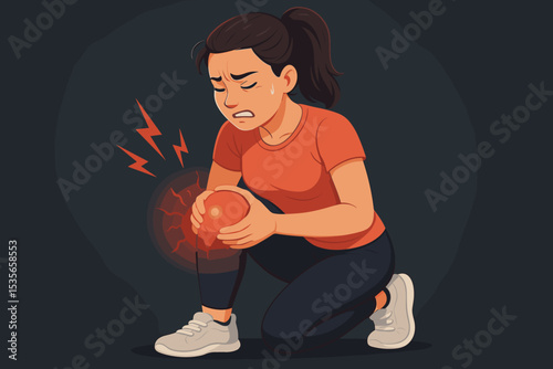 Knee pain vector illustration. Woman runner suffering from a sport injury. Female athlete clutching her painful, inflamed leg joint. Concept of arthritis, trauma, ache, medical symptom.