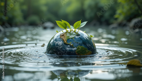 Sprouting Green Leaves Emerging From Partially Submerged Earth Globe in Water	
