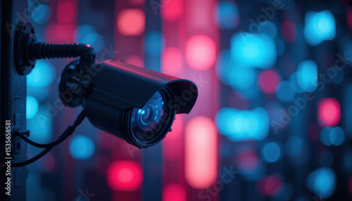 Black Security Camera Monitoring System Illuminated Blue And Red Lights Against Abstract Background	
