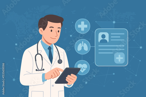 Doctor using tablet for digital healthcare and telemedicine services. Physician checking electronic health record. Medical technology, online consultation, global health network vector.