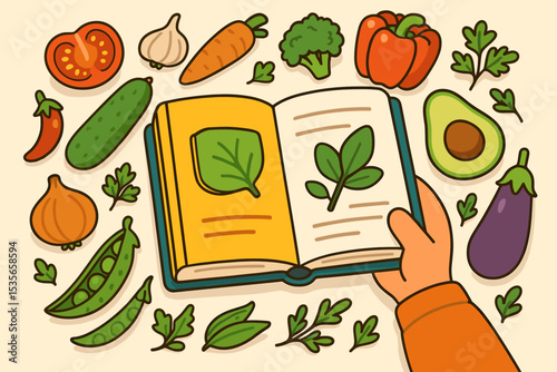 Hand holding open vegetarian cookbook surrounded by fresh vegetables. Healthy eating, vegan recipe, organic food, and cooking concept. Flat cartoon vector illustration with texture.