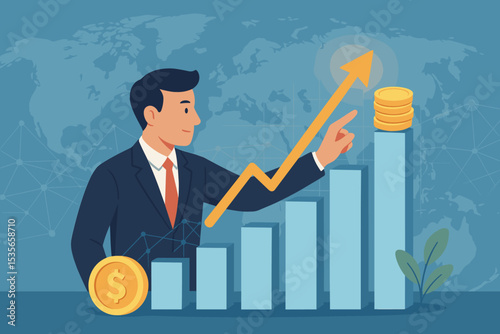Businessman investor analyzing financial growth chart. Global business success concept with rising graph arrow and money coins. Stock market analysis and investment strategy.