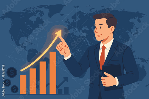 Businessman pointing at growth chart arrow up. Investor success concept for financial analysis and stock market profit. Global business strategy with world map vector illustration.