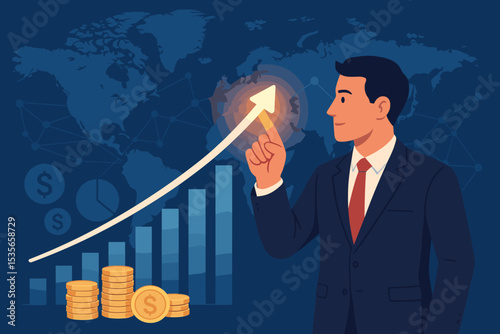 Businessman investor analyzing financial growth chart. Stock market success concept. Global economy graph with upward arrow and money coins. Business strategy and profit.