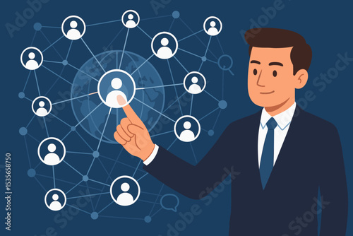 Businessman pointing at global social network on virtual interface. Concept of human resources, CRM, team building, business communication, and connection technology worldwide.