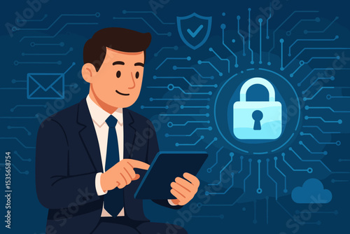 Businessman using tablet for cybersecurity and data protection. Network security concept with padlock, shield, and cloud icons. Internet privacy and information technology safety.