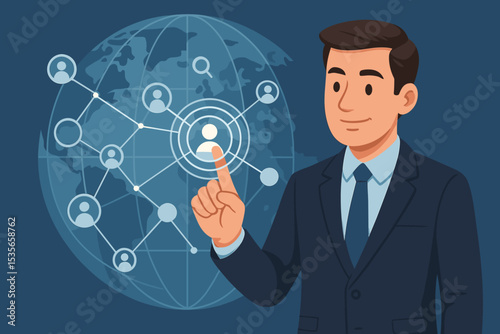 Businessman managing a global business network on a digital interface. Concept of international connection, social media, HR management, teamwork, and modern communication technology.