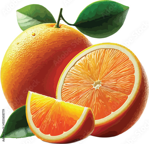 Delicious and juicy oranges with green leaves and a fresh watercolor style