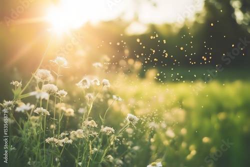 Field with flowers and floating pollen closeup