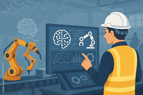 Smart industry 4.0 revolution concept. Engineer controls robotic arm on production line via computer with AI. Factory automation and industrial internet of things (IoT) innovation.