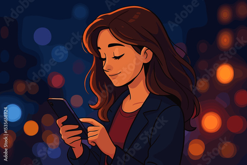 Woman using a smartphone at night in the city. Smiling girl browsing social media on her mobile phone with bokeh city lights in the background. Modern technology communication concept.