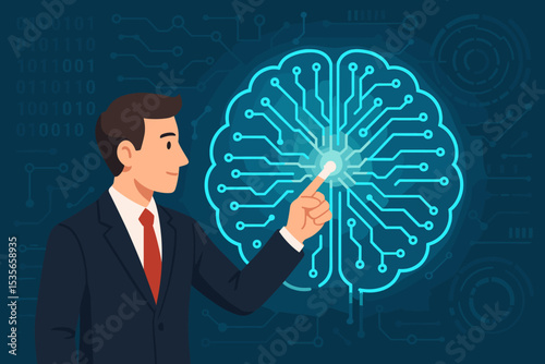 Businessman touching a digital brain, a symbol of artificial intelligence and innovation. Futuristic technology concept with circuit board, machine learning, and data processing.