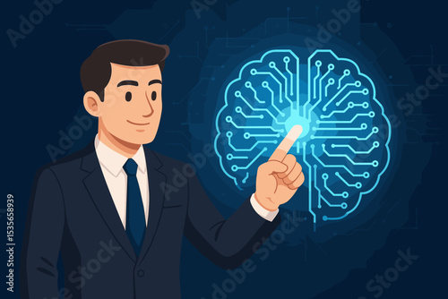 Businessman touching a glowing digital brain circuit icon. Artificial intelligence concept. Metaphor for machine learning, neural networks, future tech and business innovation.
