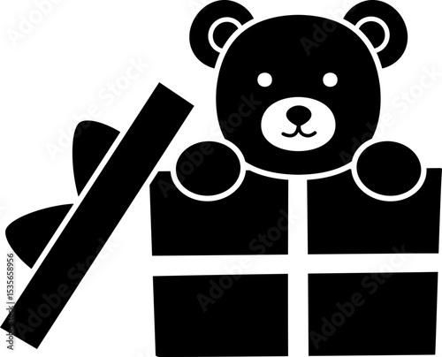 Cute little teddy bear sitting in gift box silhouette Icon Isolated. 
Bear sitting in gift box black silhouette vector.
 For celebrating Valentine's Day, wedding or birthday. 
