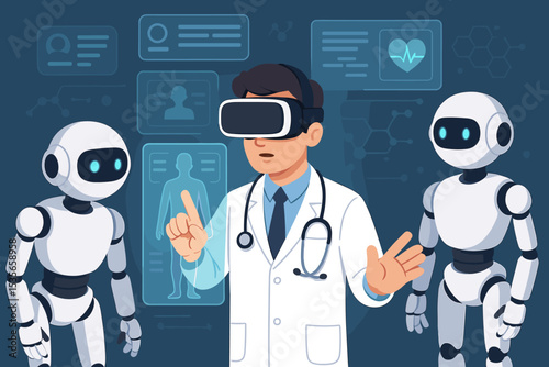 Doctor with VR headset analyzing human anatomy on holographic interface. AI robots assisting in futuristic medical research. Concept for virtual reality, healthcare innovation, science.