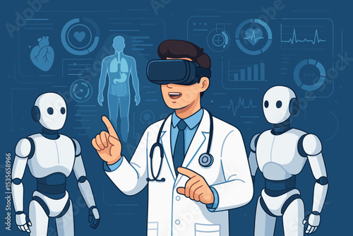 Doctor in VR headset with AI robots analyzes holographic medical data. Concept of futuristic healthcare, virtual reality research, augmented reality, metaverse and medical technology.