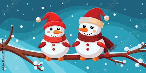 Two Cute Snowmen Sitting on a Branch in Winter Snowfall