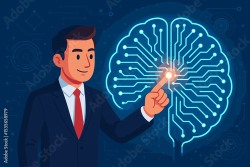 Businessman touching a glowing artificial intelligence brain. Concept of neural network, machine learning, futuristic technology, innovation, digital transformation, and business idea.