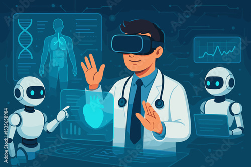 Doctor in VR headset uses futuristic technology with AI robot assistants. Concept for digital healthcare, augmented reality research, and virtual medical diagnosis in the metaverse.