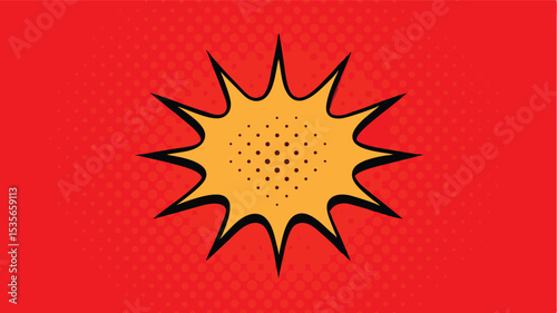 A vibrant pop art background featuring a bold, yellow-orange explosion burst with a thick black outline, set against a bright red canvas layered with a classic retro comic book halftone dot pattern