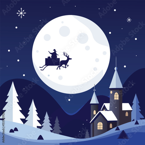 Santa s sleigh flying over a winter landscape with castle and moon
