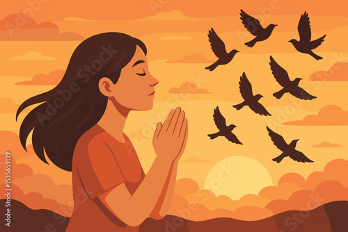 Woman praying at sunset, a concept of hope, faith, and spirituality. A grateful person meditating with hands in prayer. Flock of birds flying free. Religious belief illustration.