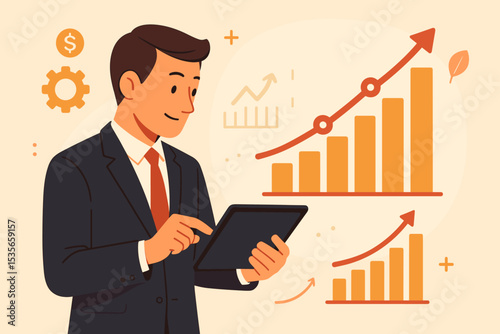Businessman analyzing business growth data on a tablet. Financial investment strategy concept with upward arrow graph. Corporate manager checking marketing report for sales success.