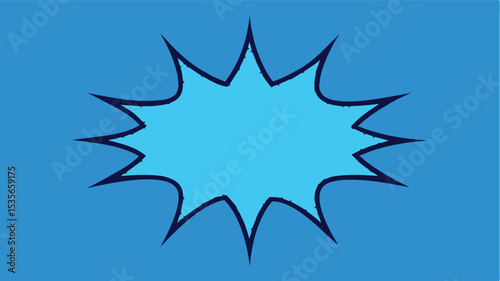 A vibrant and bold comic book style explosion bubble featuring a bright cyan fill with a jagged dark outline set against a solid blue background for high impact messaging and graphic design