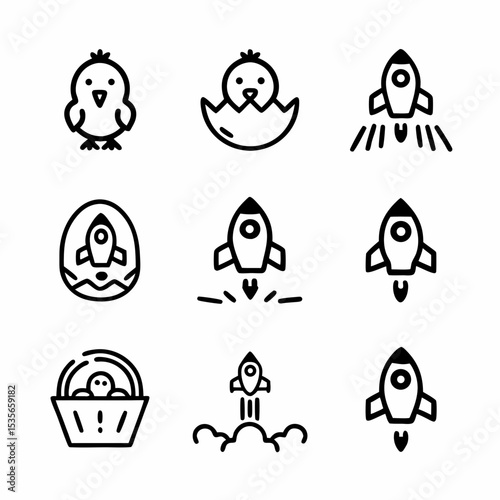 Design a set of distinct icons representing a business incubator and accelerator program.  Include modern, easily understandable imagery.