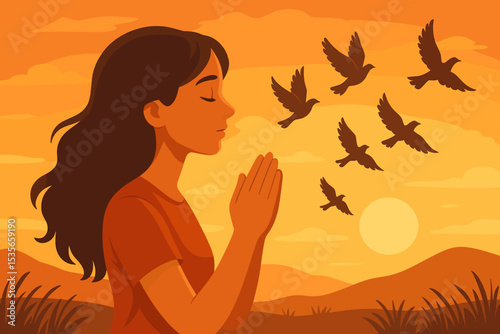 Woman praying at sunset. Hope, faith, spirituality concept. Girl meditating in nature. Birds flying symbolize freedom, peace, soul. Gratitude, belief, religion. Serenity, calm.
