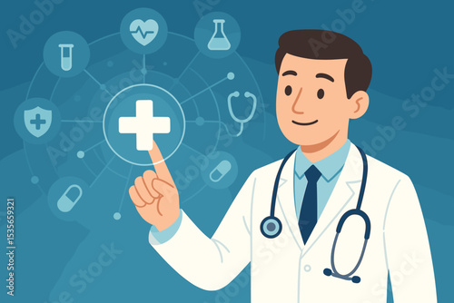 Male doctor pointing at digital health icons. Healthcare technology and medicine innovation concept. Telehealth, virtual doctor, medical network service, online clinic illustration.