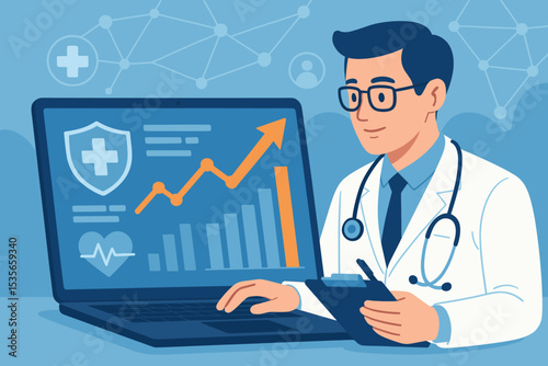 Doctor analyzing healthcare data on laptop. Medical professional with computer checking patient statistics. Health informatics and technology concept with graphs and charts showing growth.