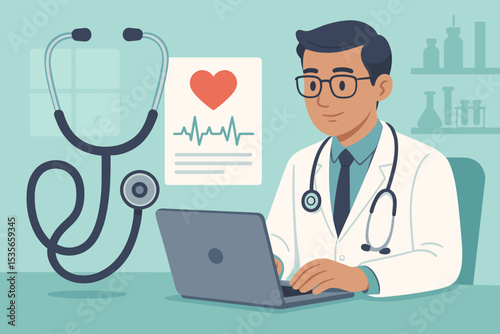 Doctor at desk with laptop for medical checkup analysis. Healthcare concept with man practitioner in clinic. Cardiology with EKG chart. Telemedicine, e-health, online consultation.